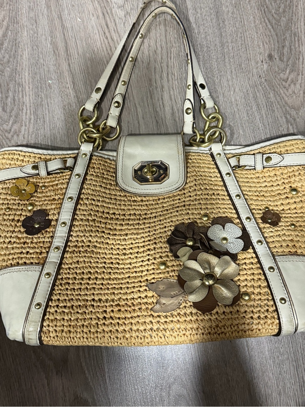Woven Straw Tote Bag with Cream Trim and Floral Appliqué